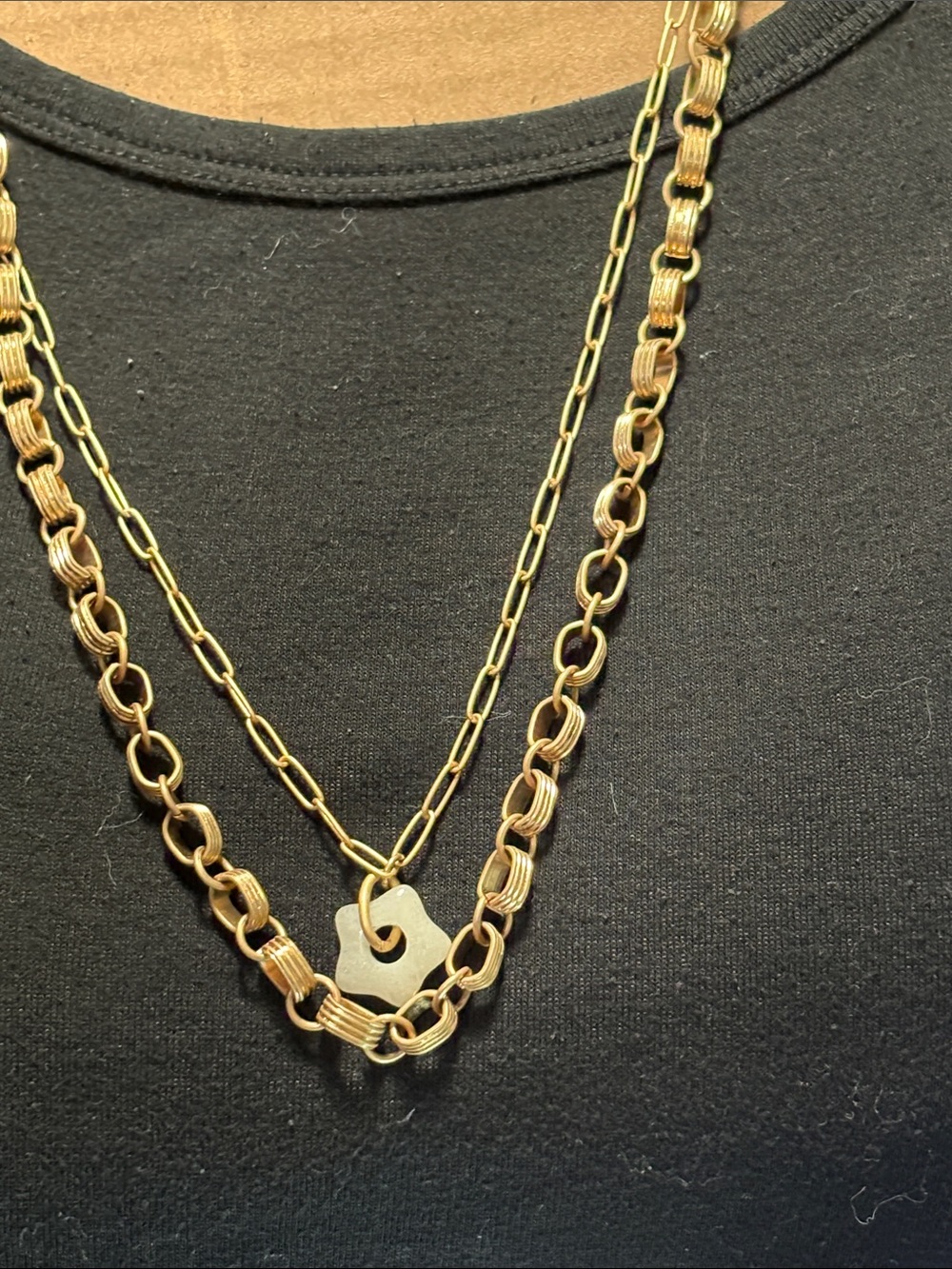 Vintage Gold Tone Double Strand Layered Chain Abstract Pendant Necklace